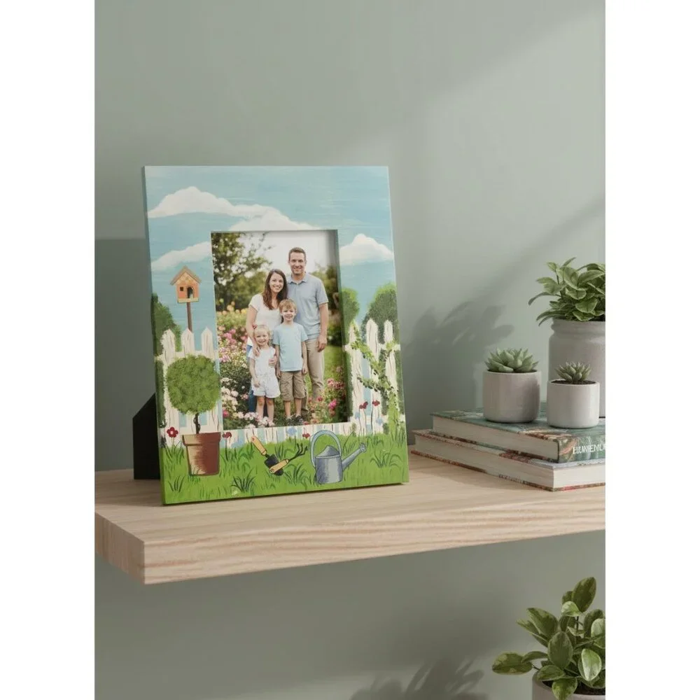 Rare Vintage Garden Scene Wooden Picture Frame 12” X 9.25” X .50” With Easel Bac
